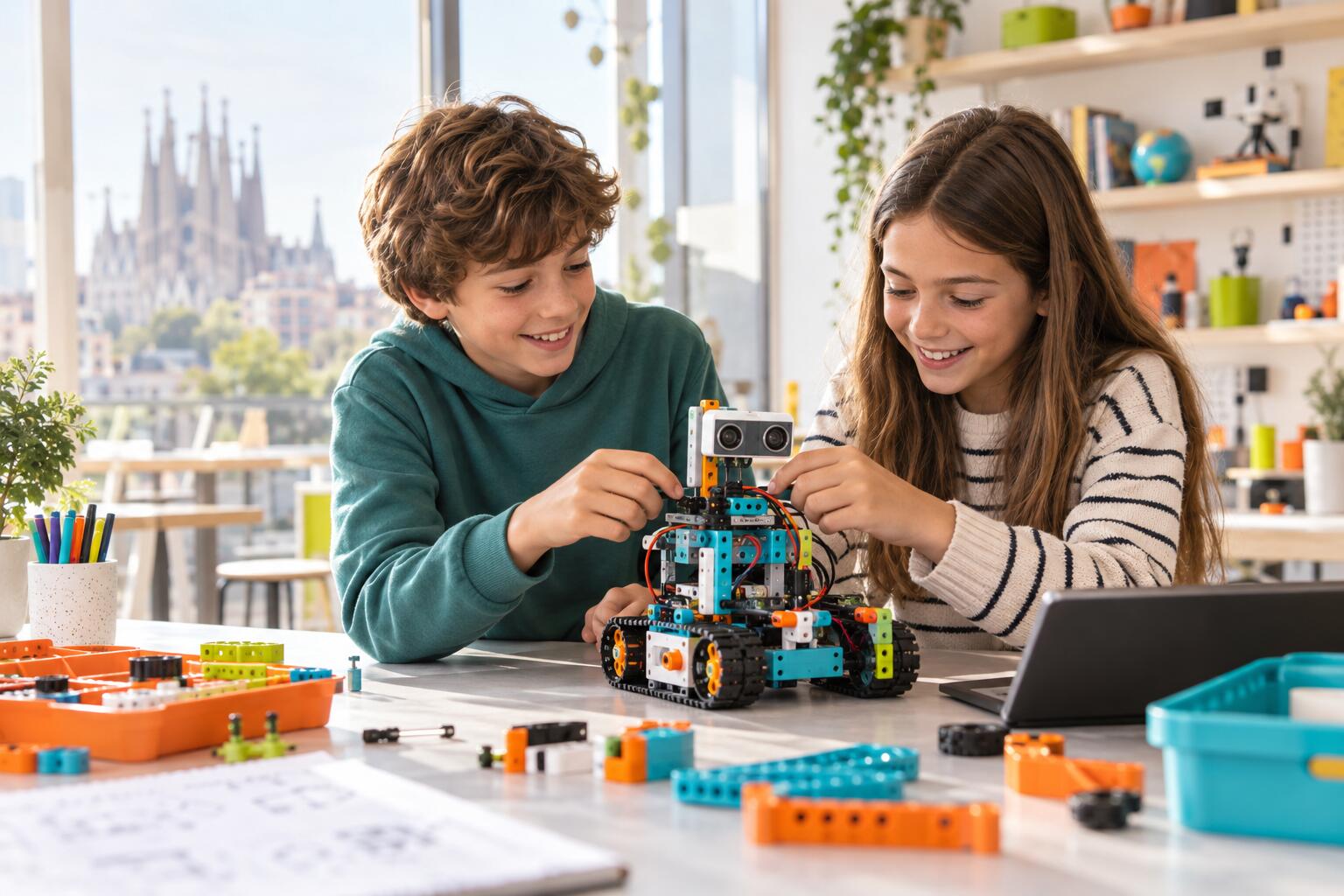 Alumnos de TechLab Kids construyendo y programando un robot en Barcelona