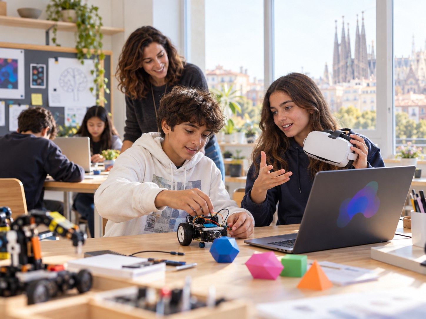 Alumnos creando un proyecto de inteligencia artificial, robótica y realidad virtual en TechLab Kids